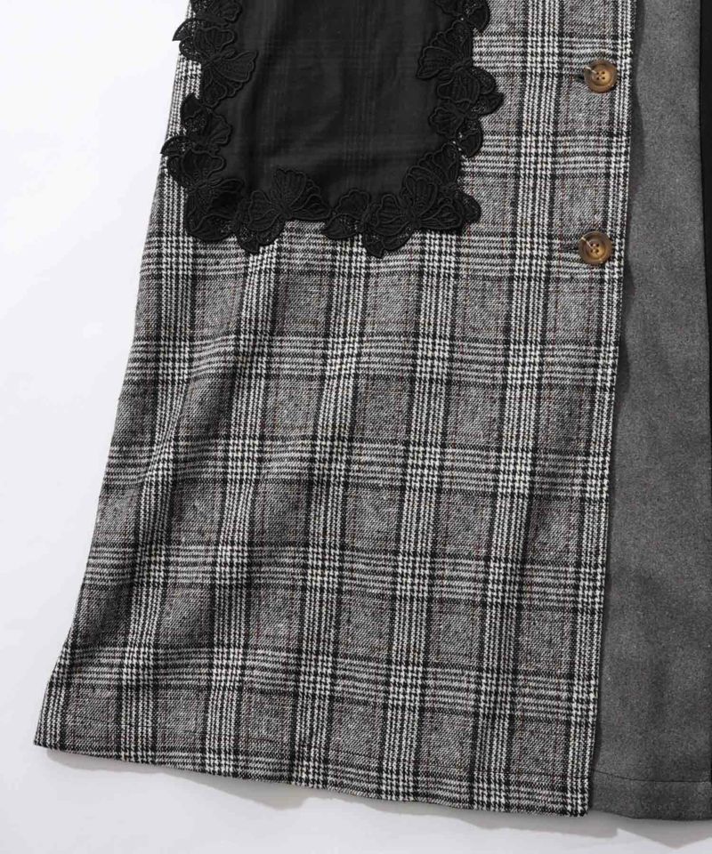 バラ刺繍起毛チェック×蝶レース×フェイクウールコート-16
