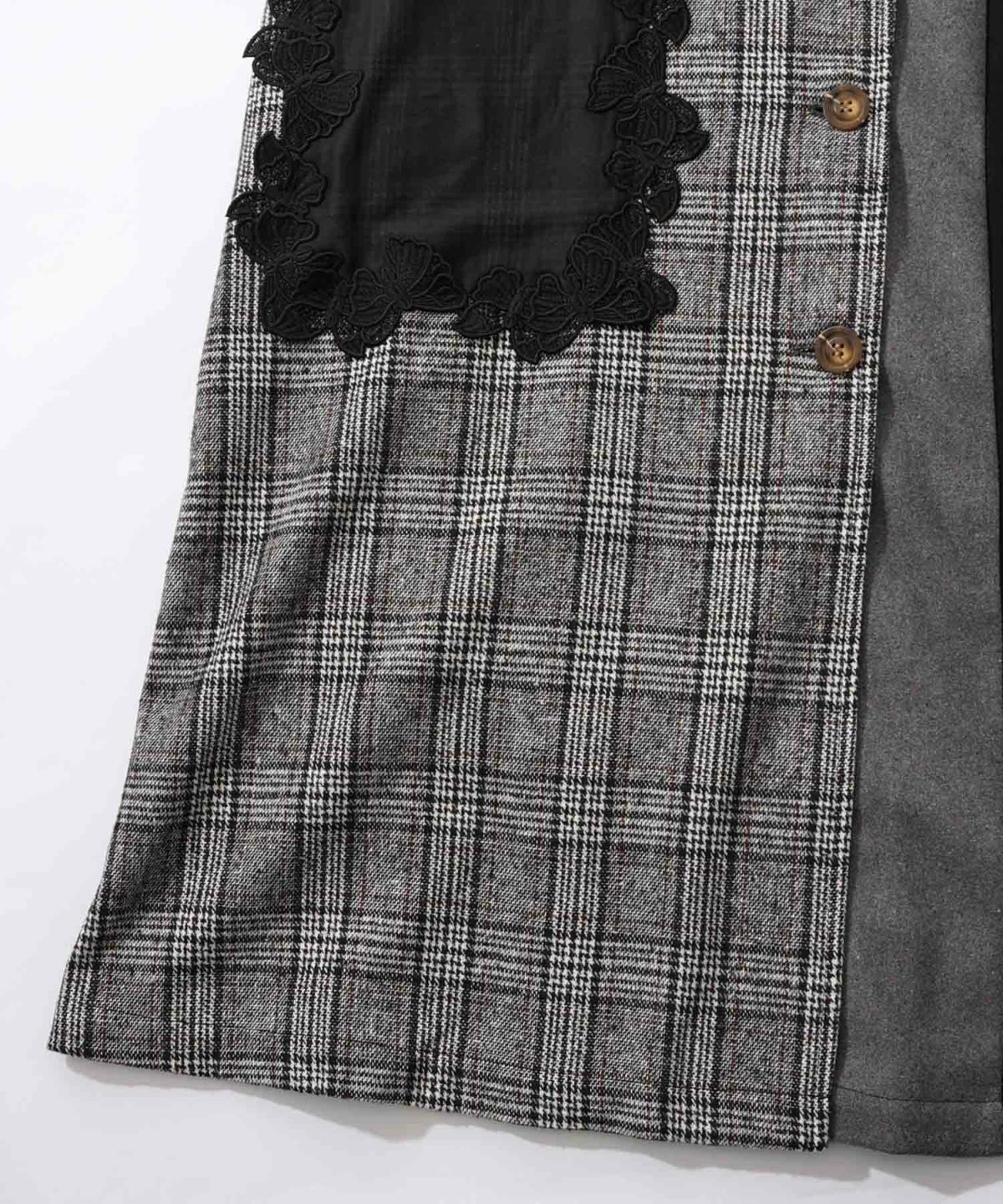 バラ刺繍起毛チェック×蝶レース×フェイクウールコート-16