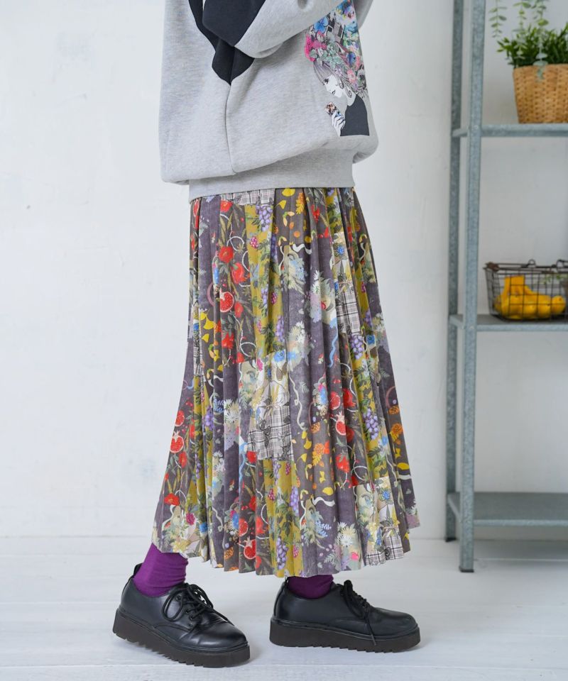 豊穣と繁栄柄スウェードポンチプリーツスカート-3