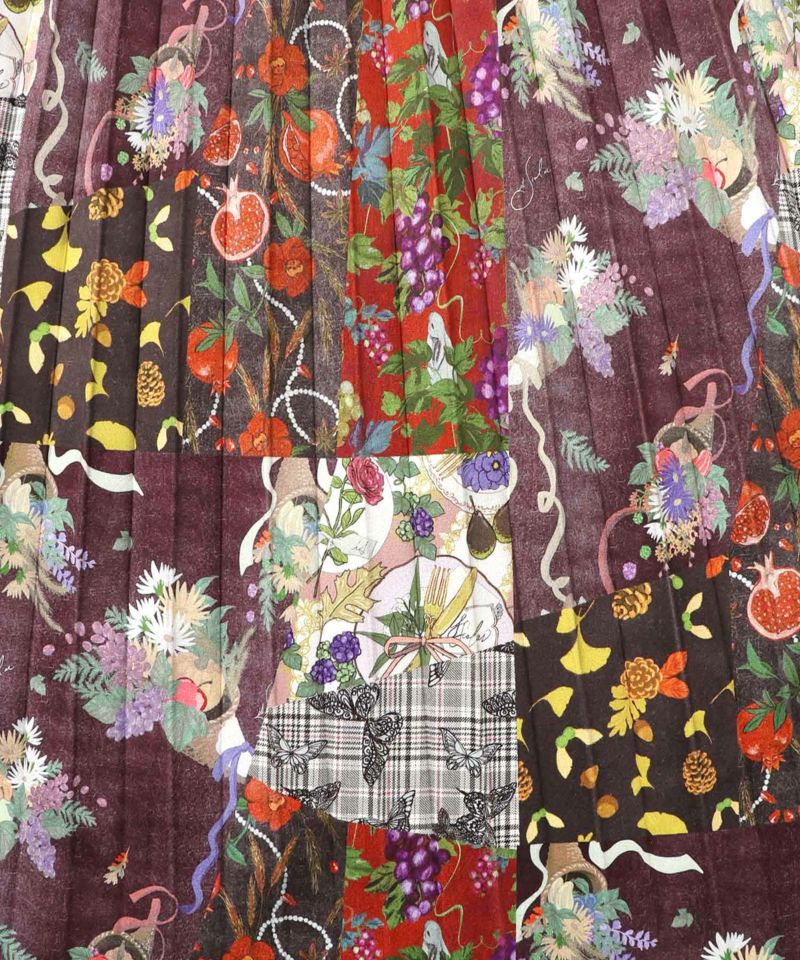 豊穣と繁栄柄スウェードポンチプリーツスカート-10