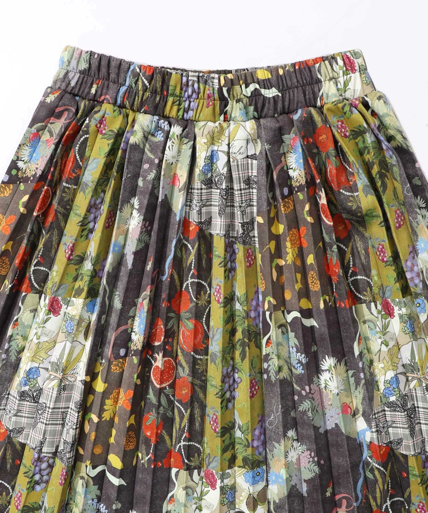 豊穣と繁栄柄スウェードポンチプリーツスカート-11