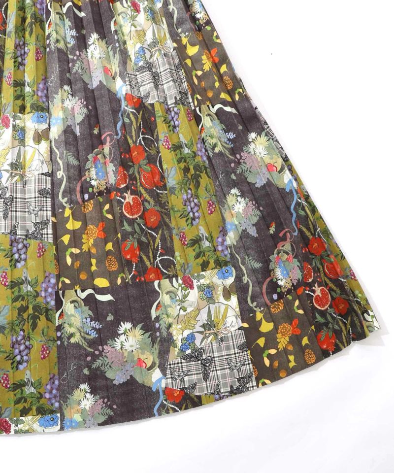 豊穣と繁栄柄スウェードポンチプリーツスカート-12