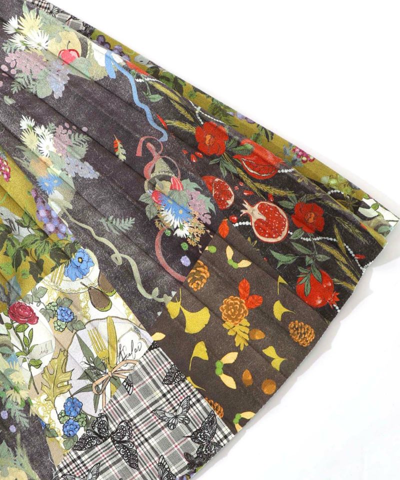 豊穣と繁栄柄スウェードポンチプリーツスカート-13