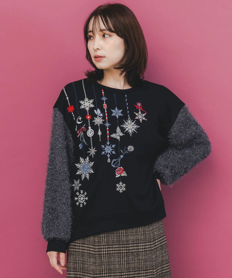 雪の結晶ガーランド刺繍裏毛×ラメフェザーニット-1