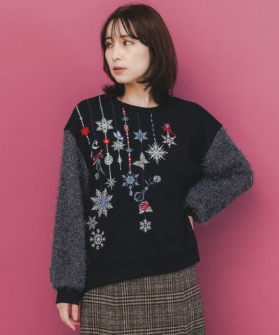553260：雪の結晶ガーランド刺繍裏毛×ラメフェザーニットの通販-ScoLar