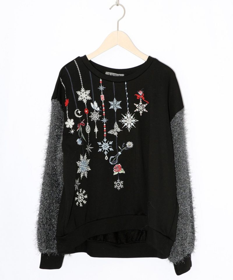 雪の結晶ガーランド刺繍裏毛×ラメフェザーニット-22