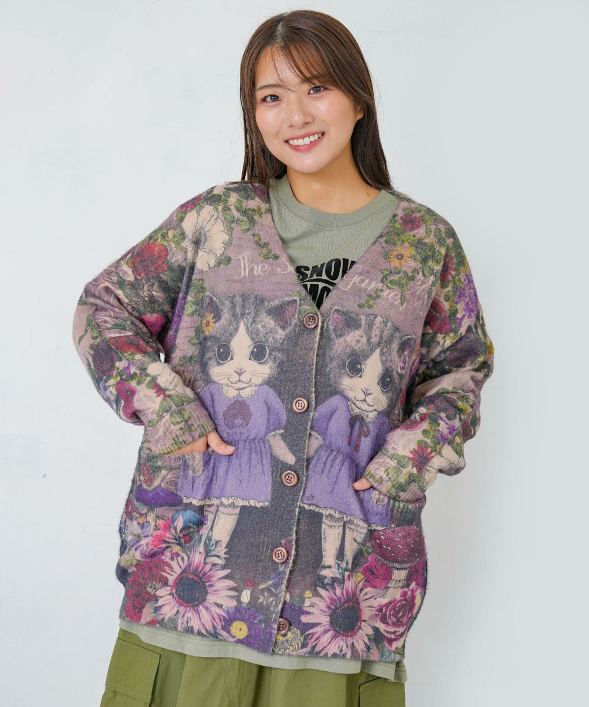 ネコ姉妹の秘密の花園柄 起毛ニットカーディガン-1