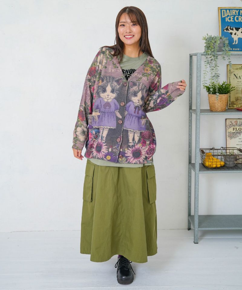ネコ姉妹の秘密の花園柄 起毛ニットカーディガン-2