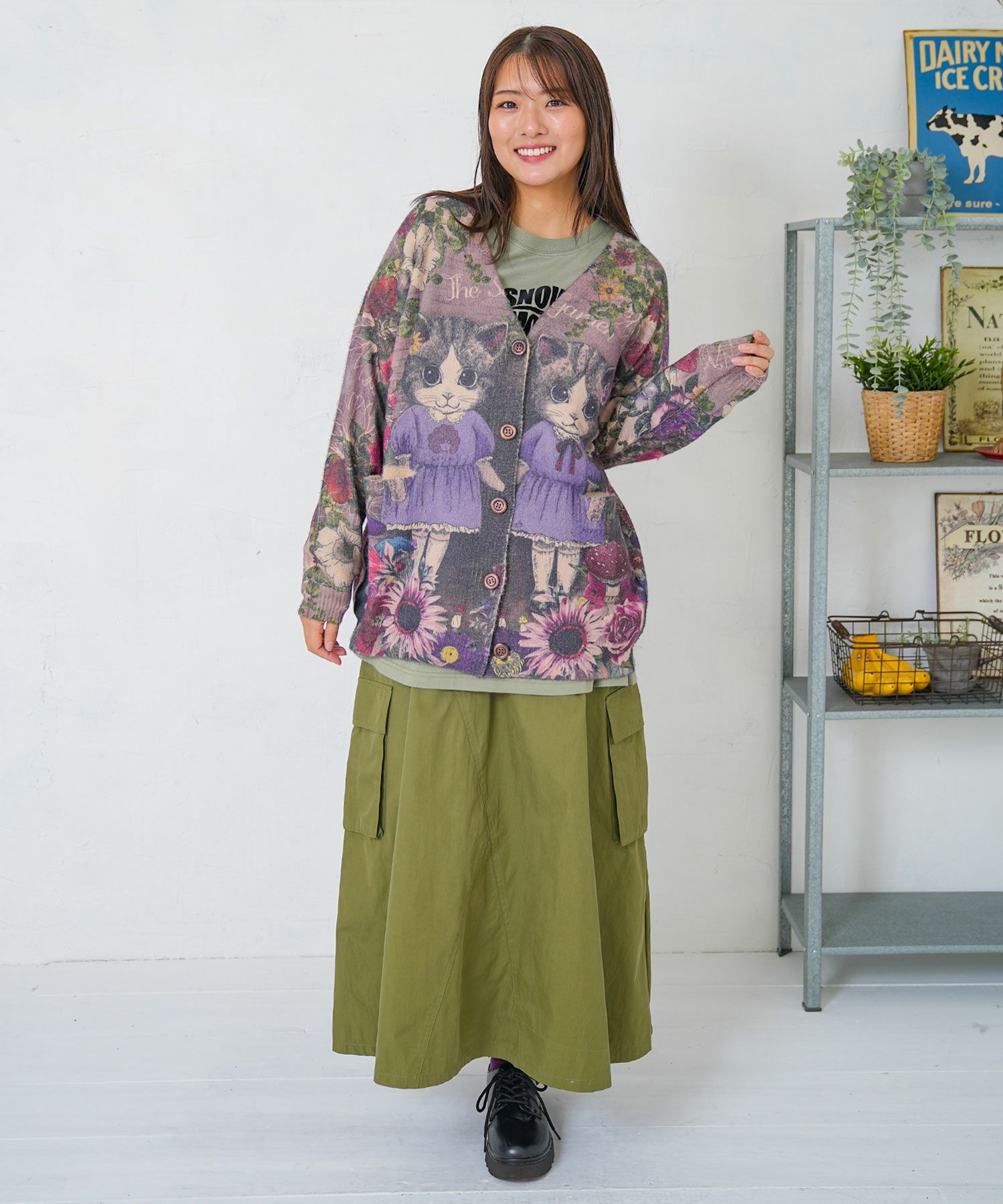 ネコ姉妹の秘密の花園柄 起毛ニットカーディガン-2