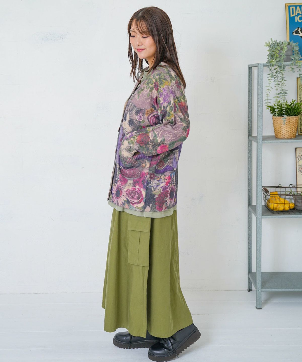 ネコ姉妹の秘密の花園柄 起毛ニットカーディガン-3