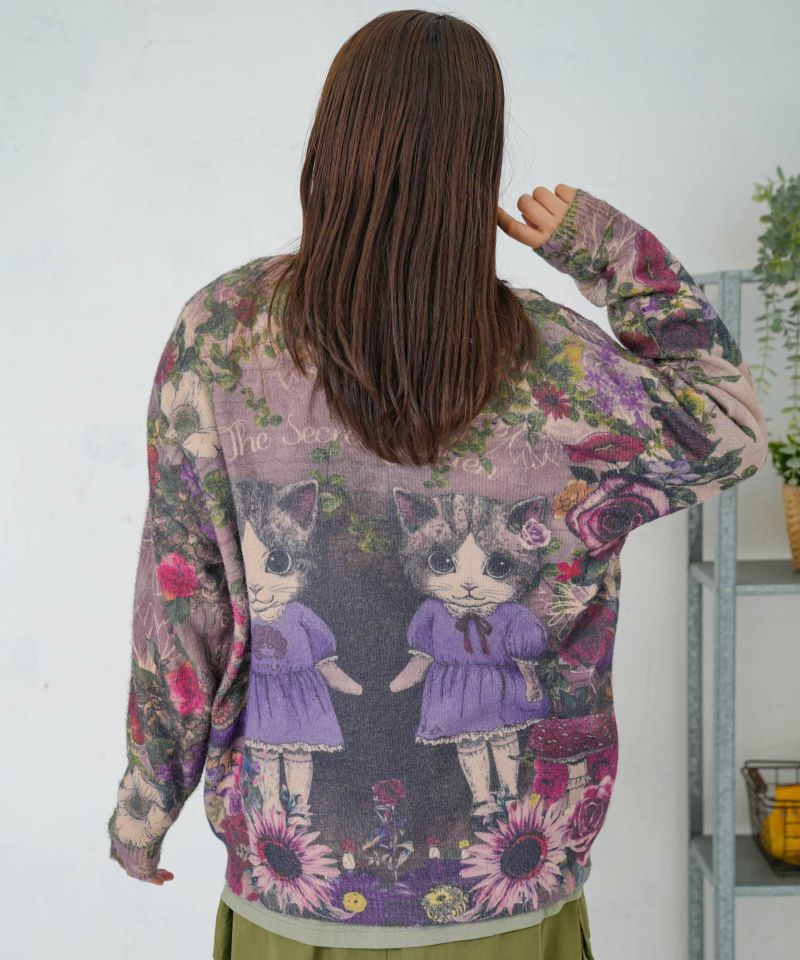 ネコ姉妹の秘密の花園柄 起毛ニットカーディガン-6
