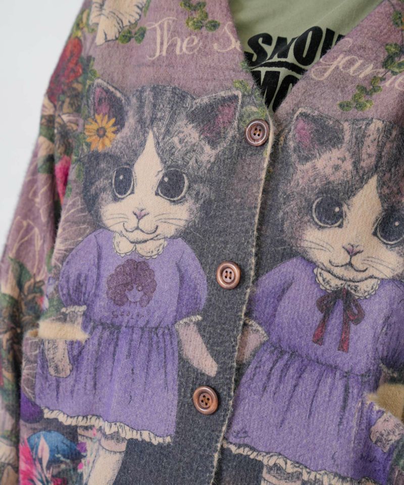 ネコ姉妹の秘密の花園柄 起毛ニットカーディガン-7