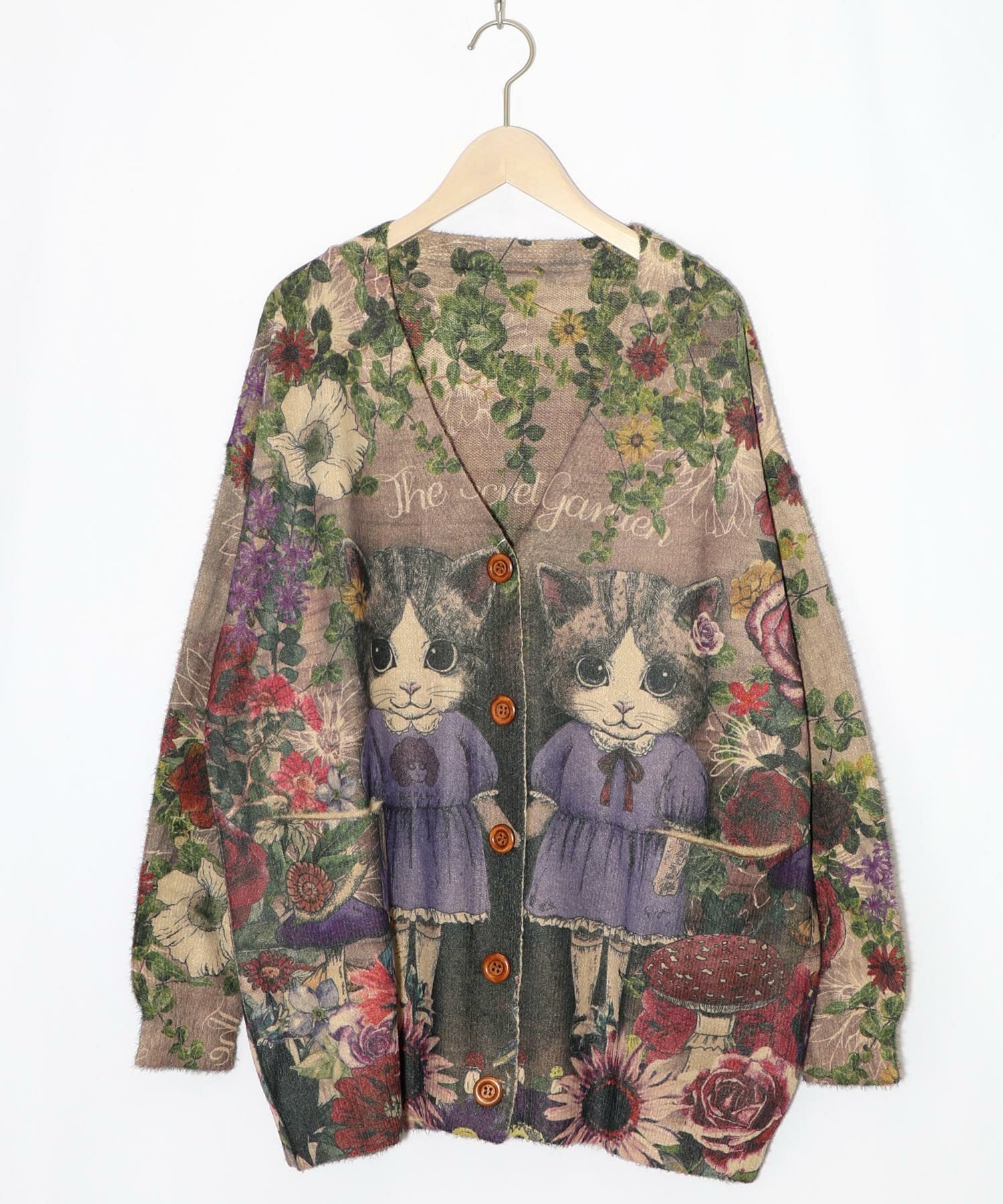 ネコ姉妹の秘密の花園柄 起毛ニットカーディガン-9