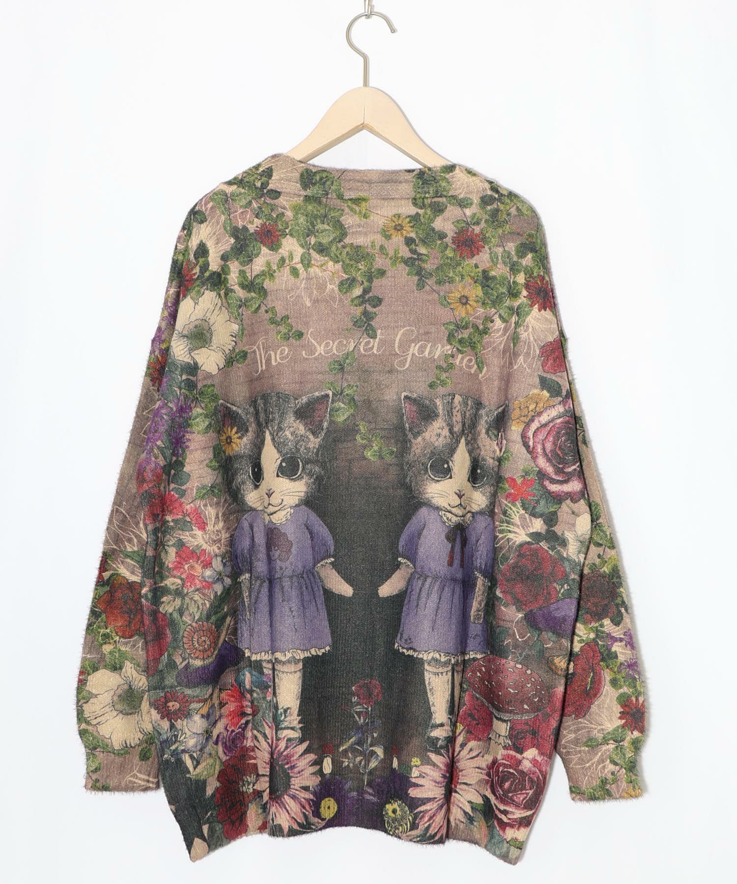 ネコ姉妹の秘密の花園柄 起毛ニットカーディガン-10