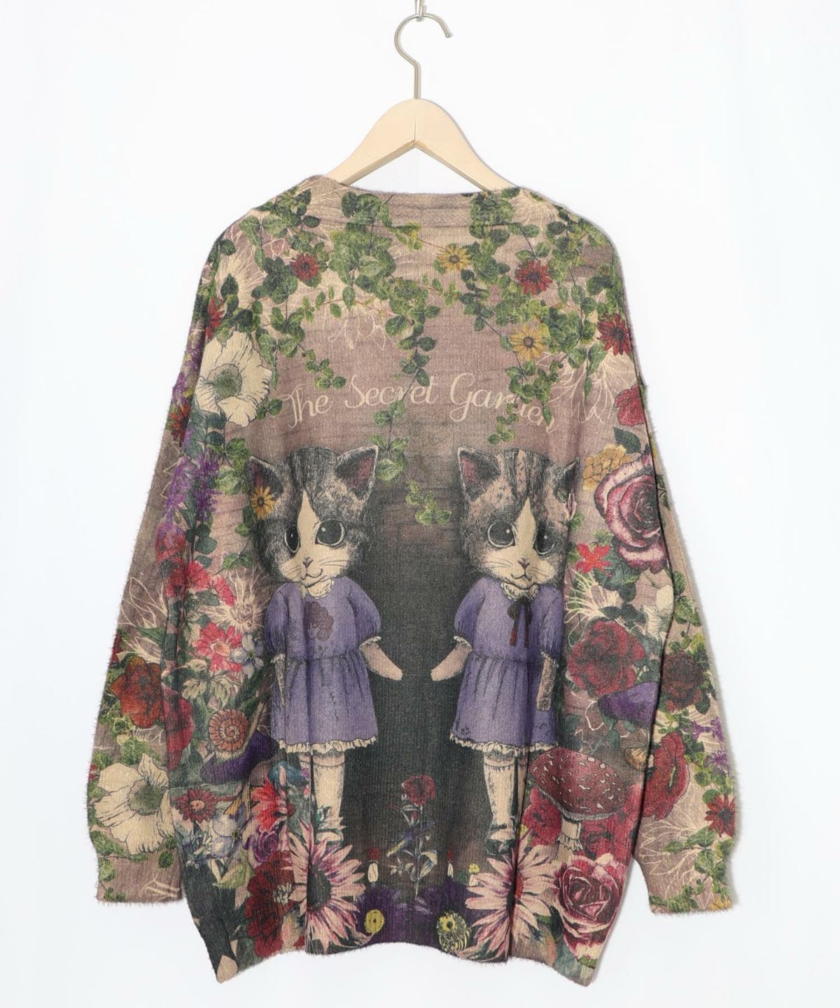 ネコ姉妹の秘密の花園柄 起毛ニットカーディガン-10