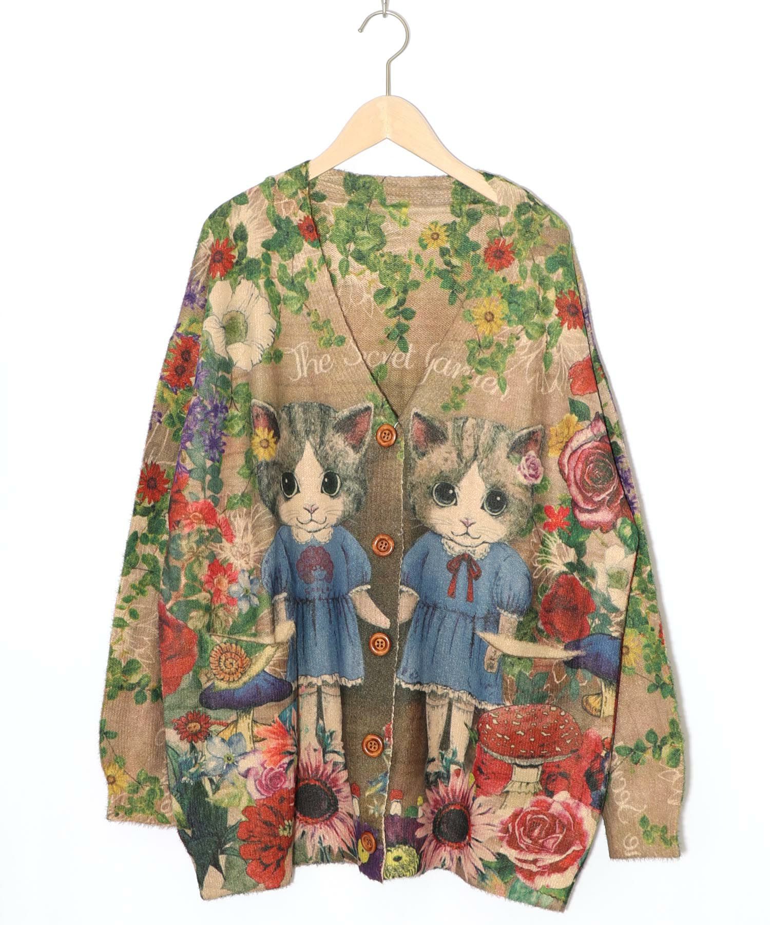 ネコ姉妹の秘密の花園柄 起毛ニットカーディガン-12