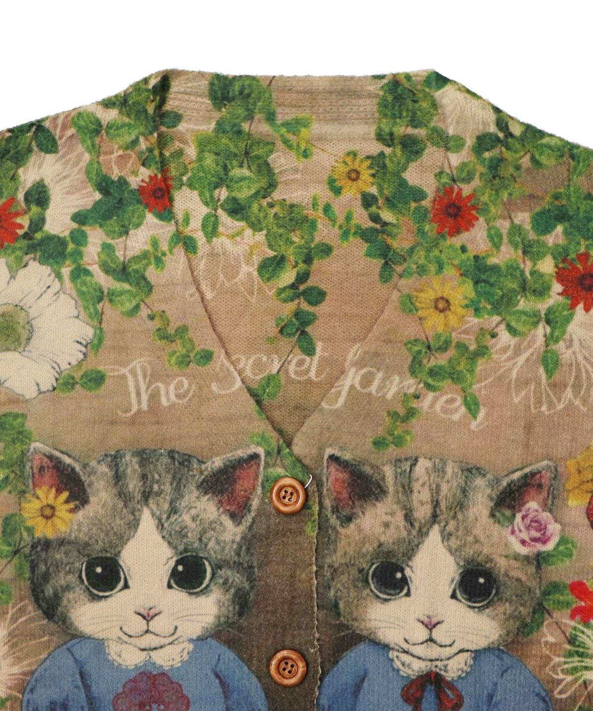 ネコ姉妹の秘密の花園柄 起毛ニットカーディガン-15