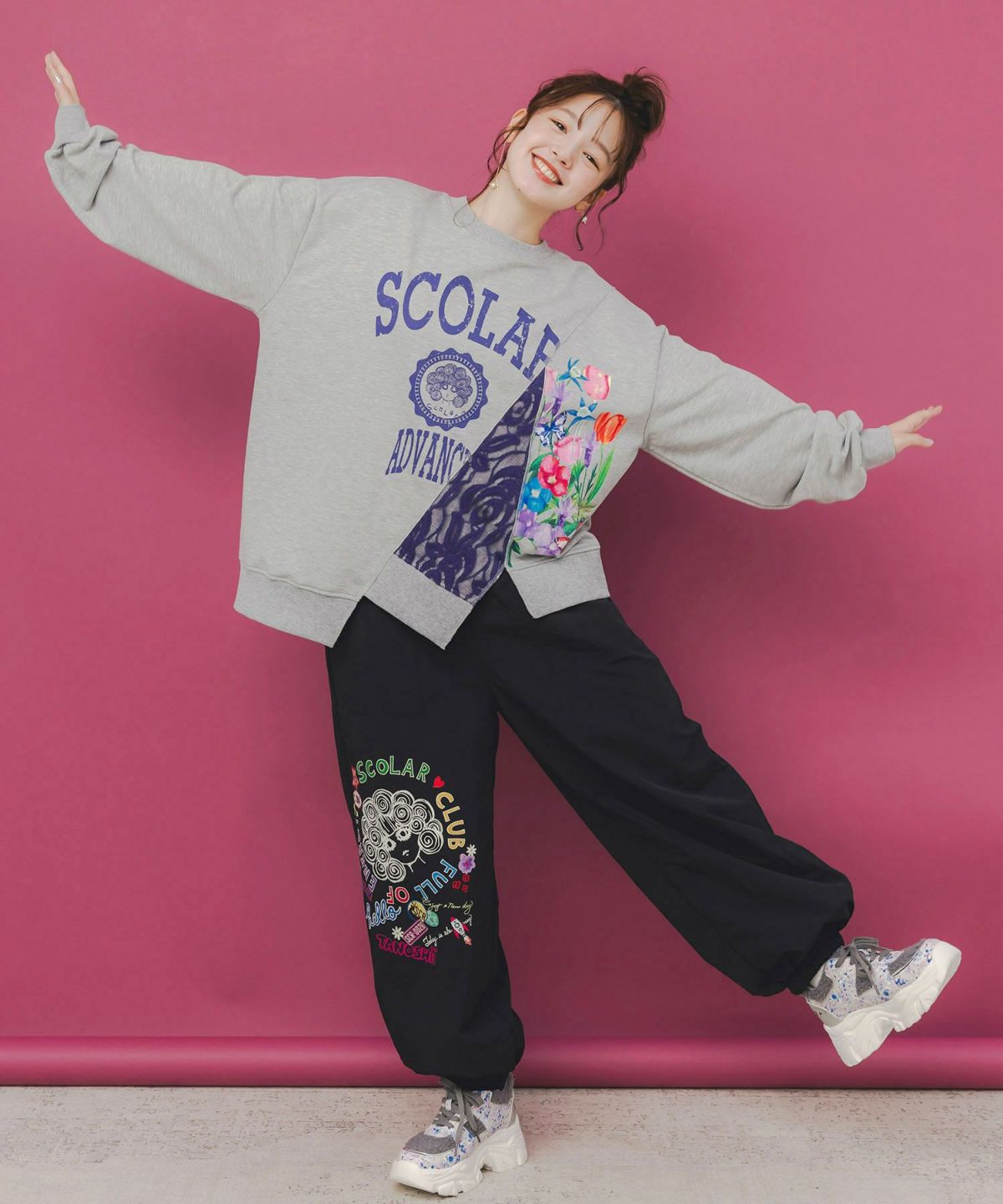 ポップ柄裏フリースあったかナイロンパンツ-2