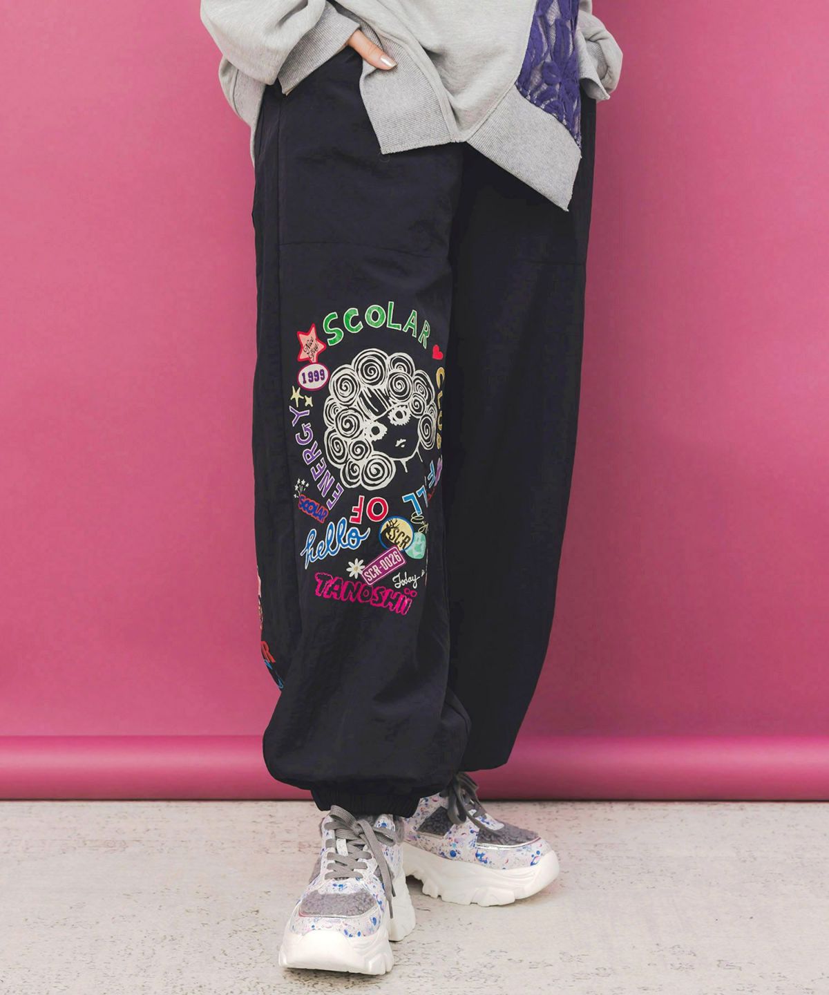 ポップ柄裏フリースあったかナイロンパンツ-3