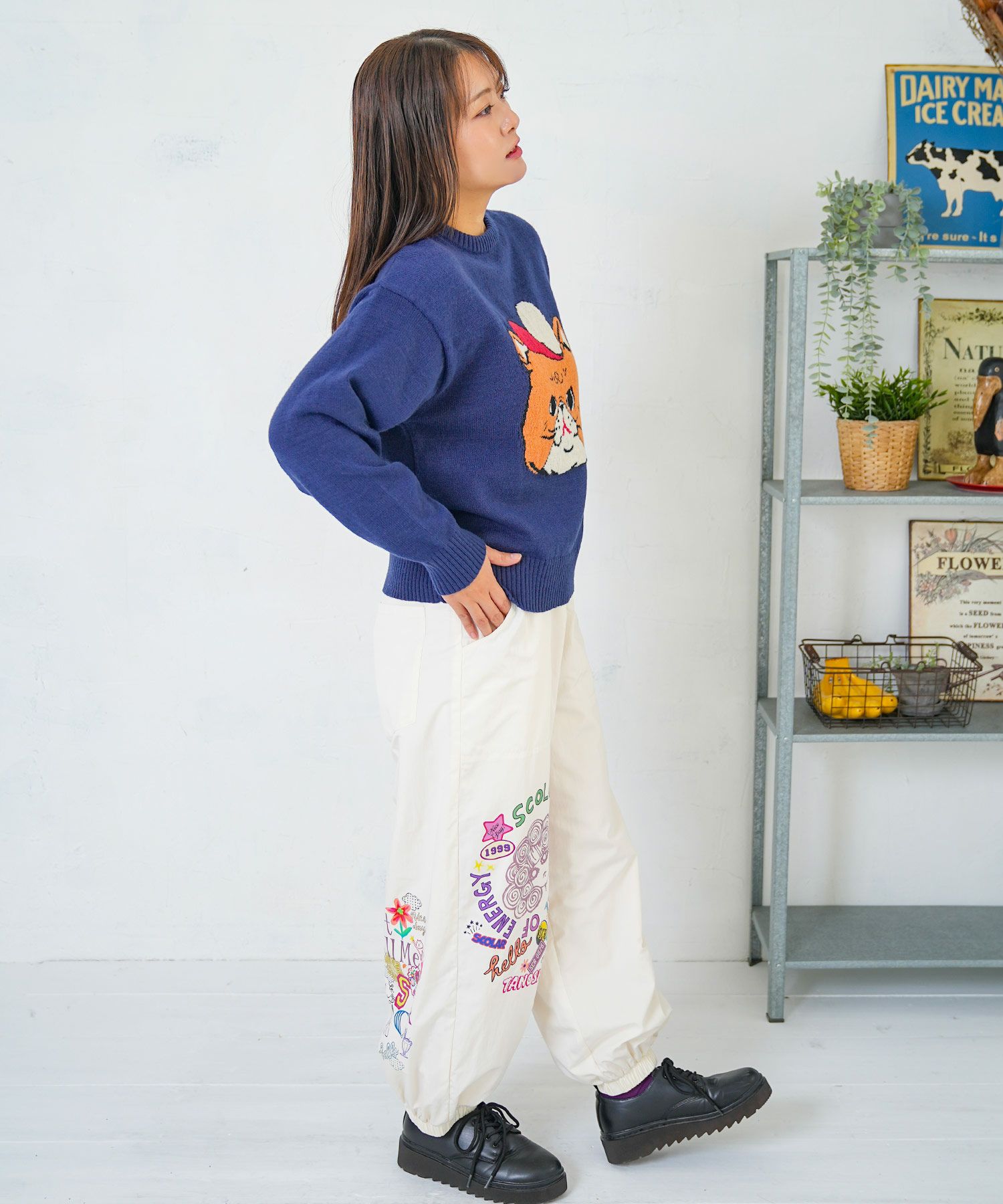 ポップ柄裏フリースあったかナイロンパンツ-12