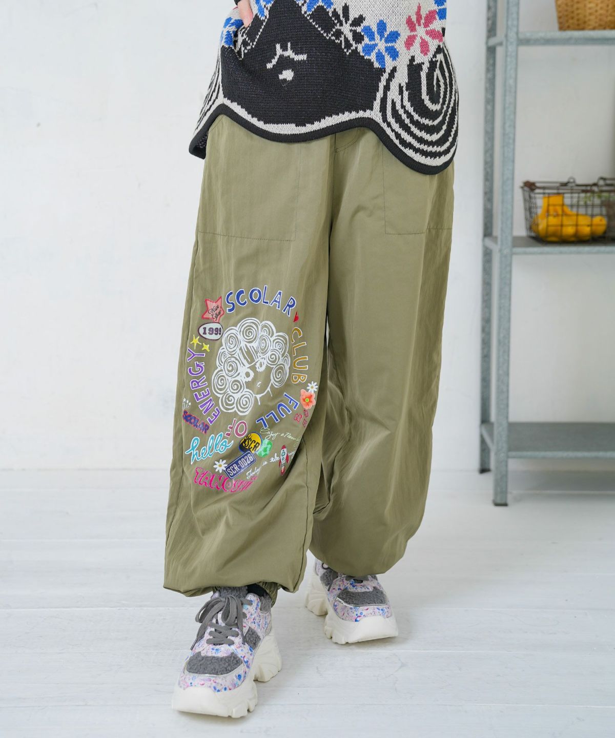 ポップ柄裏フリースあったかナイロンパンツ-16