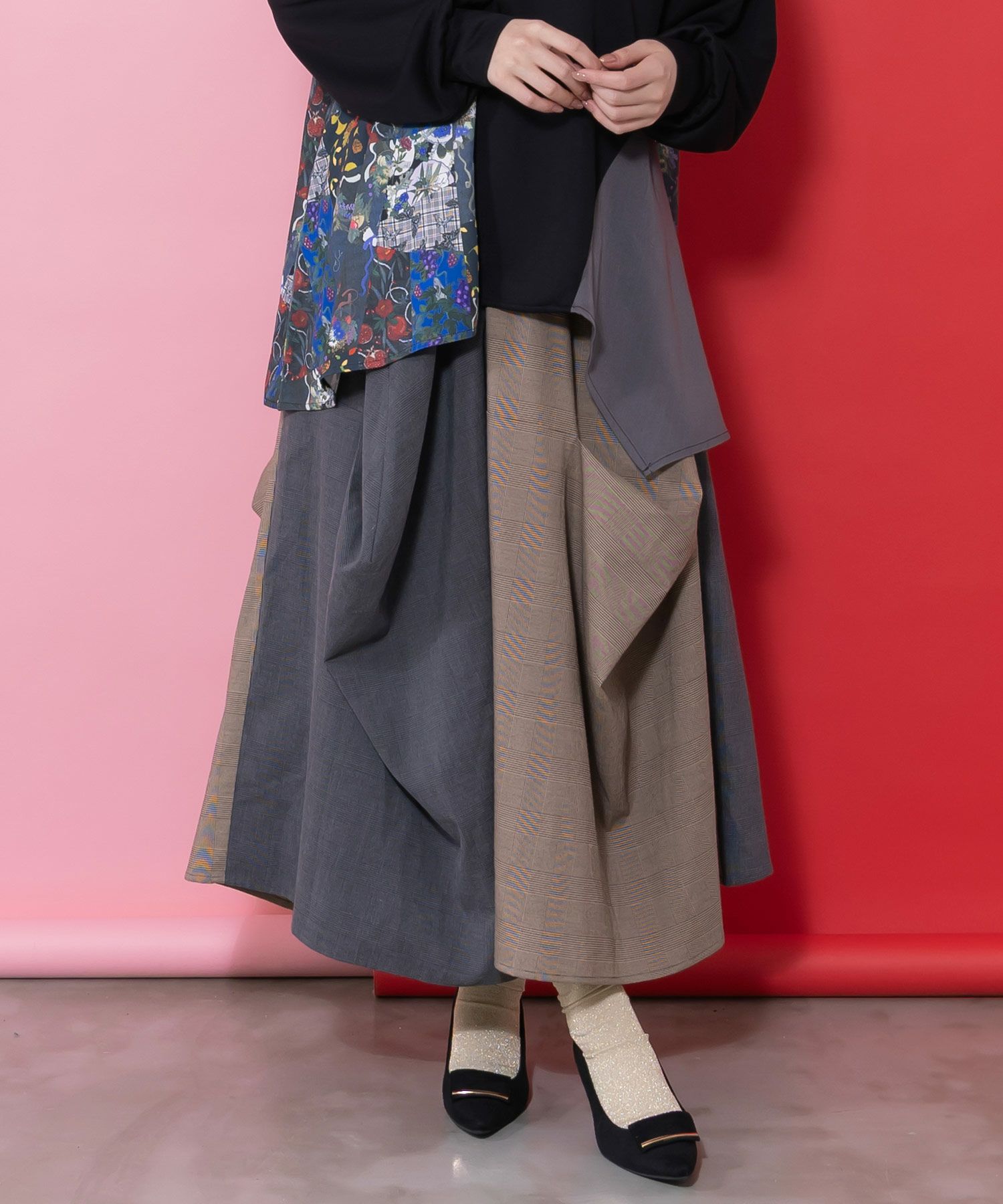 ランダムタック入り3柄展開 配色バルーンスカート-12