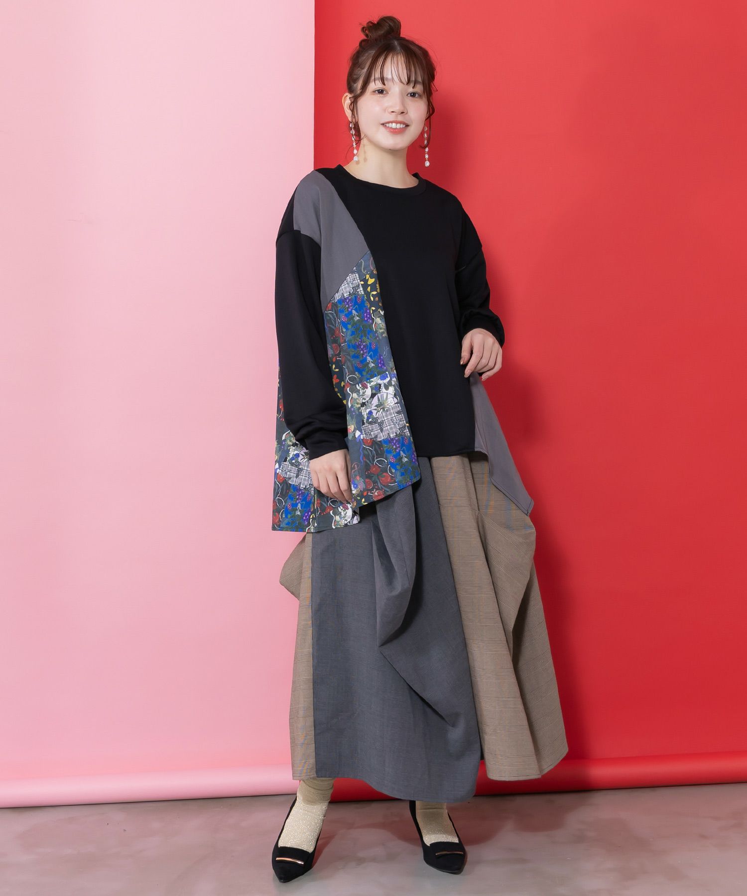 ランダムタック入り3柄展開 配色バルーンスカート-13