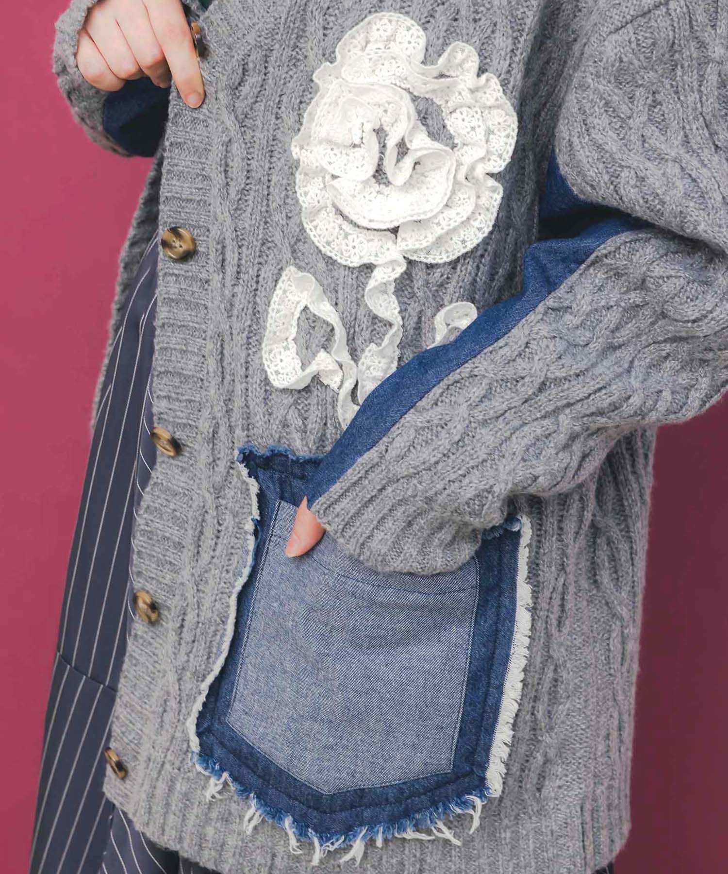 753009：レース×デニム×ニットカーディガンの通販-ScoLar
