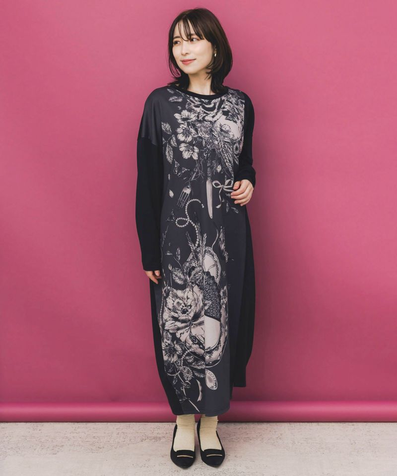 花柄×無地バイカラー裏毛ワンピース-1