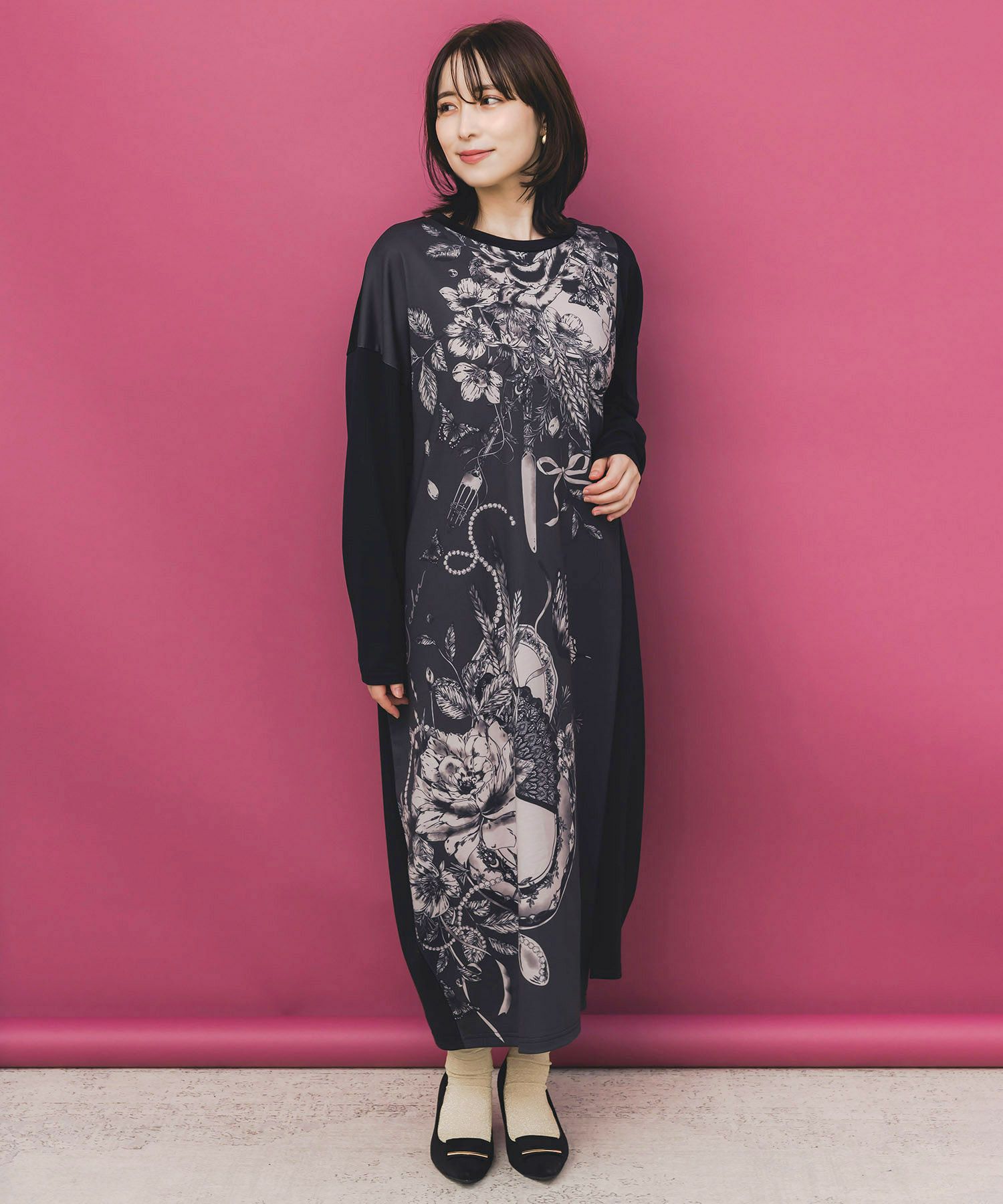 花柄×無地バイカラー裏毛ワンピース-1