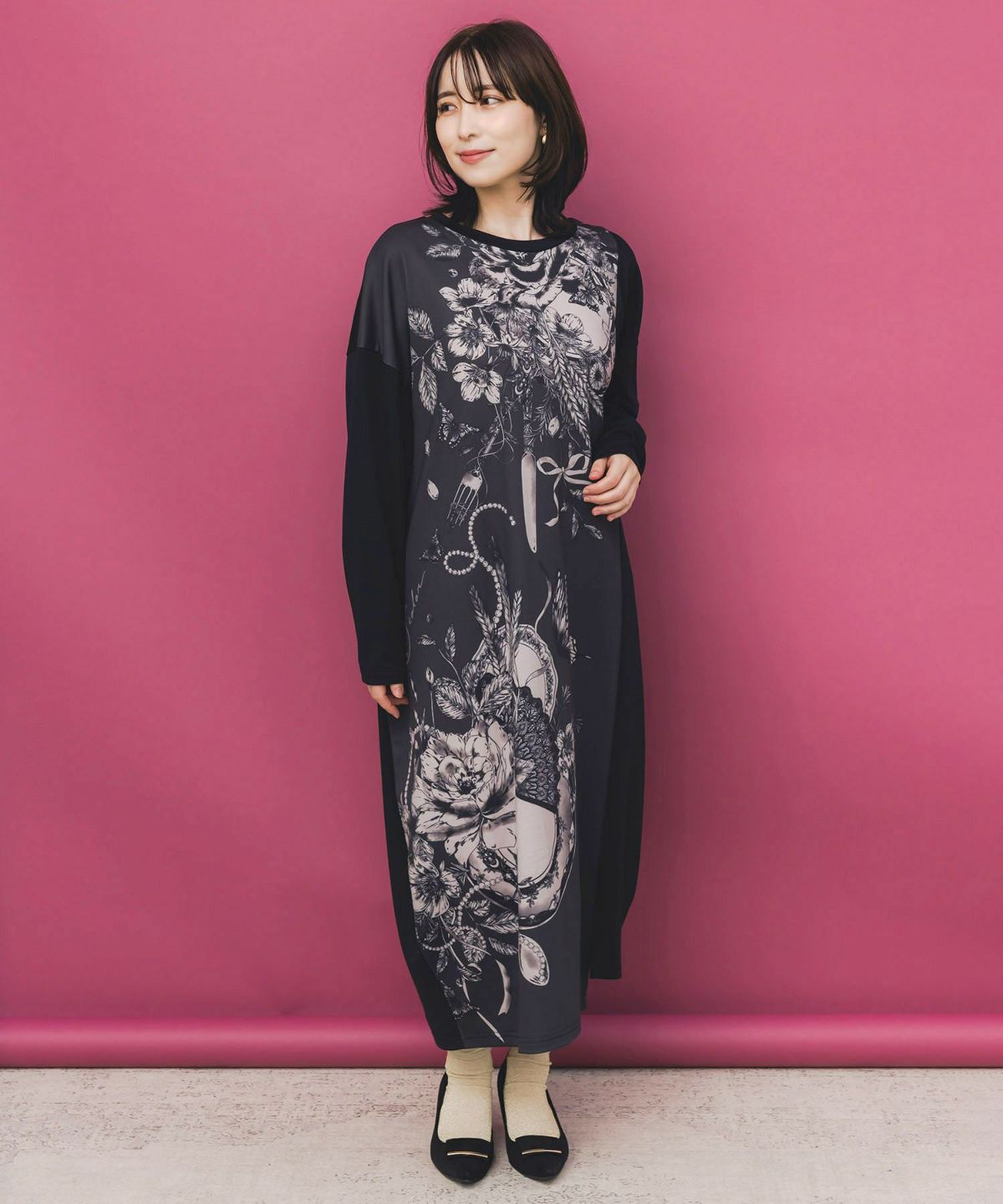 花柄×無地バイカラー裏毛ワンピース-1