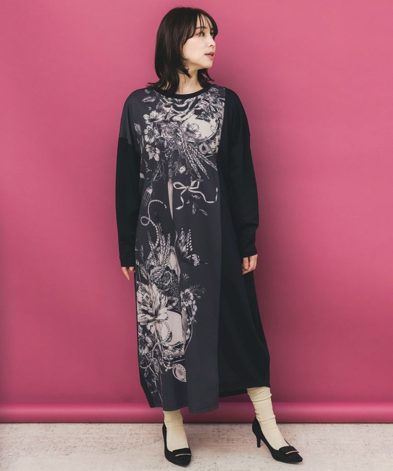 花柄×無地バイカラー裏毛ワンピース-2