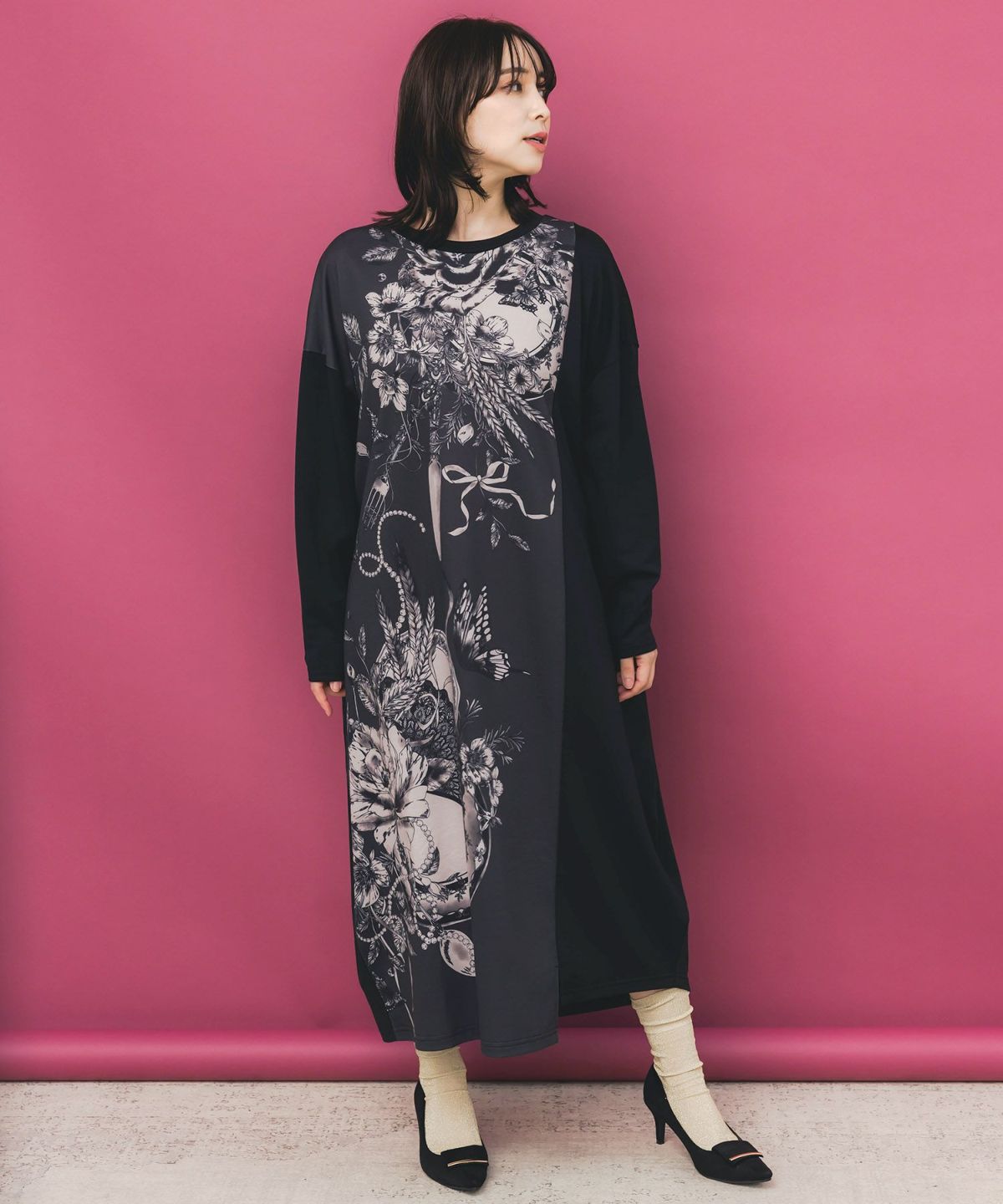 花柄×無地バイカラー裏毛ワンピース-2