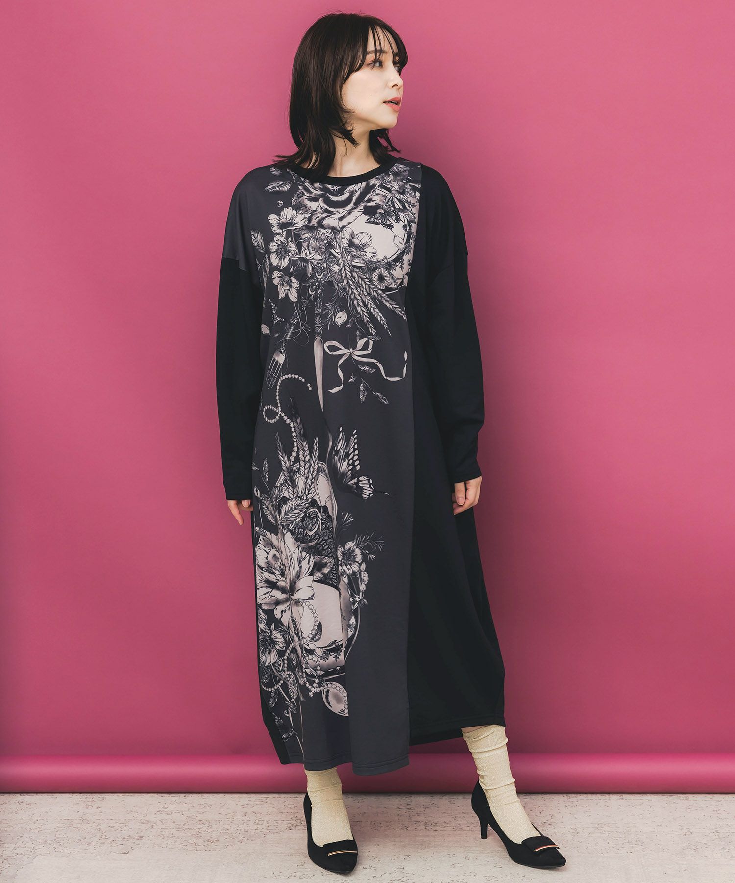 花柄×無地バイカラー裏毛ワンピース-2