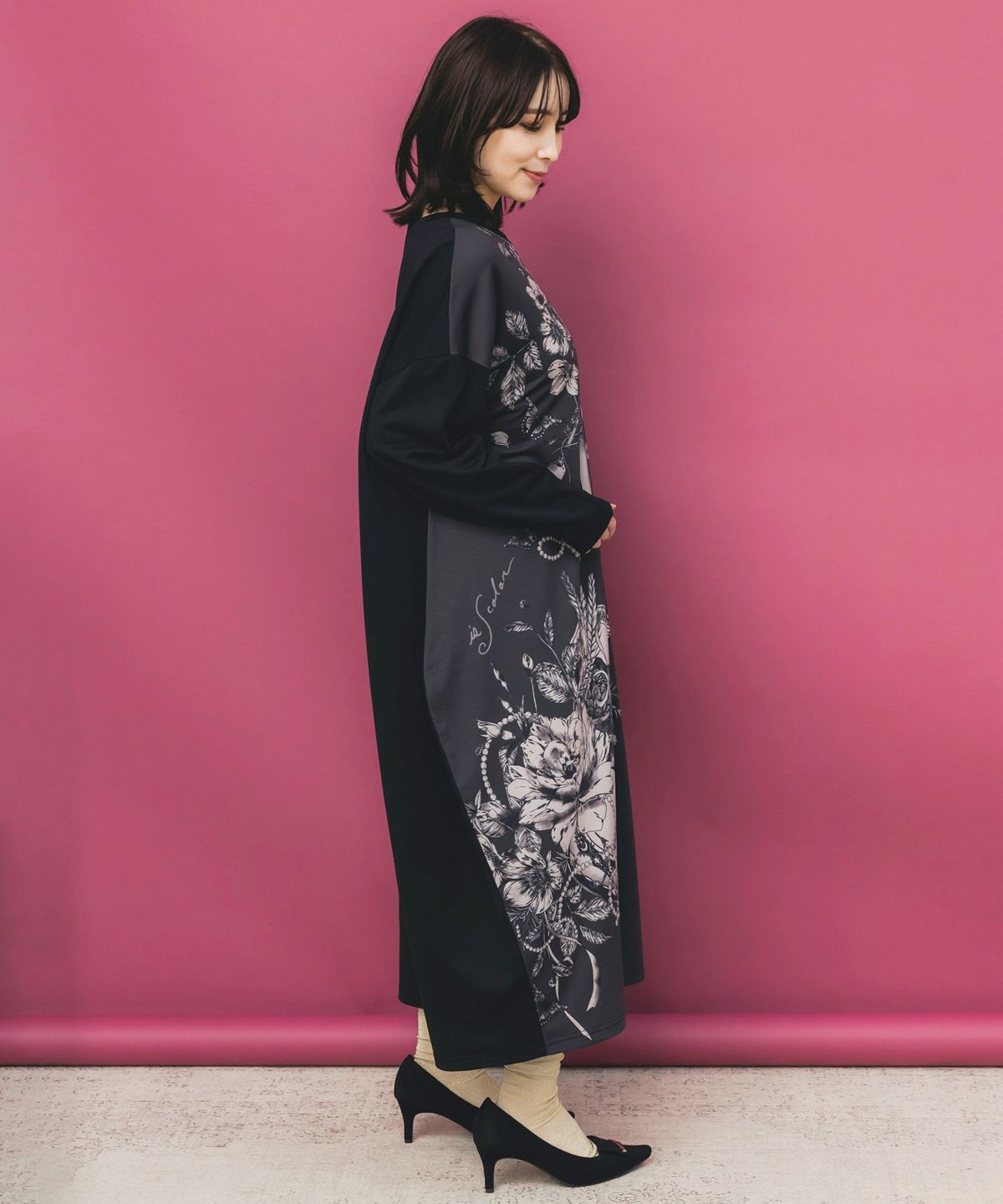 花柄×無地バイカラー裏毛ワンピース-3