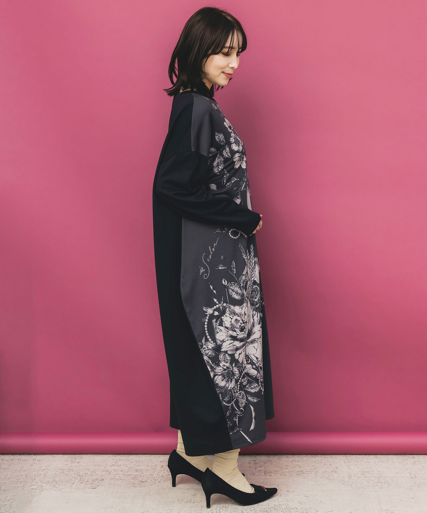 553268：花柄×無地バイカラー裏毛ワンピースの通販-ScoLar