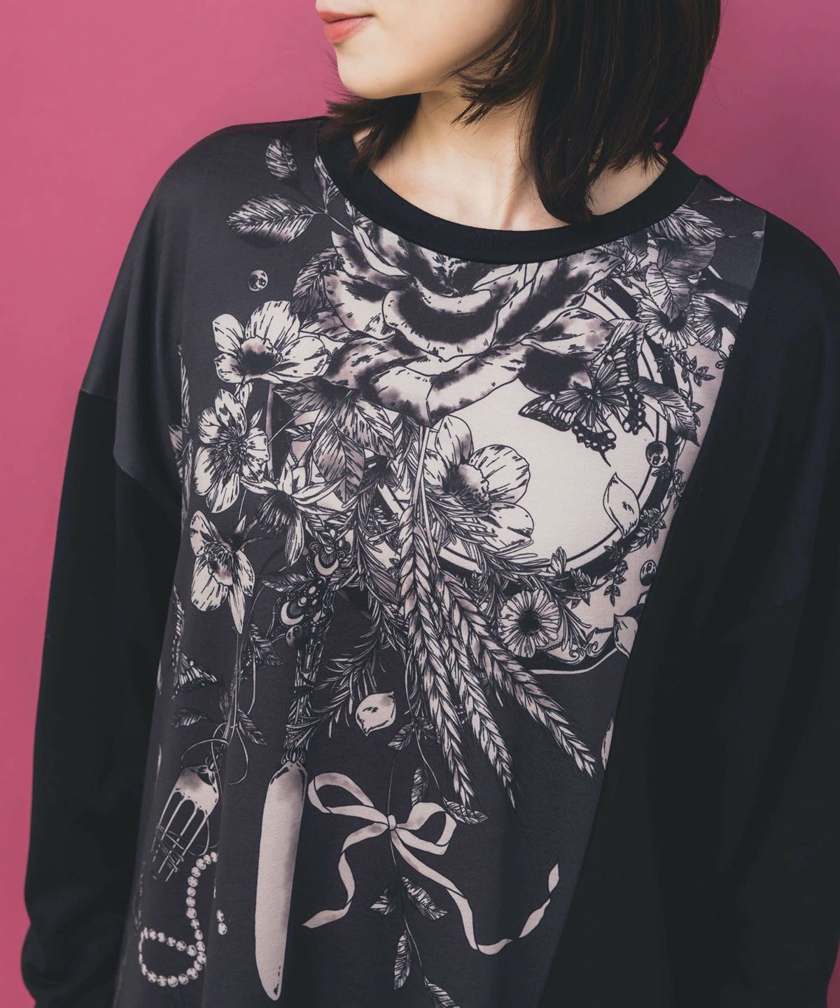 花柄×無地バイカラー裏毛ワンピース-6