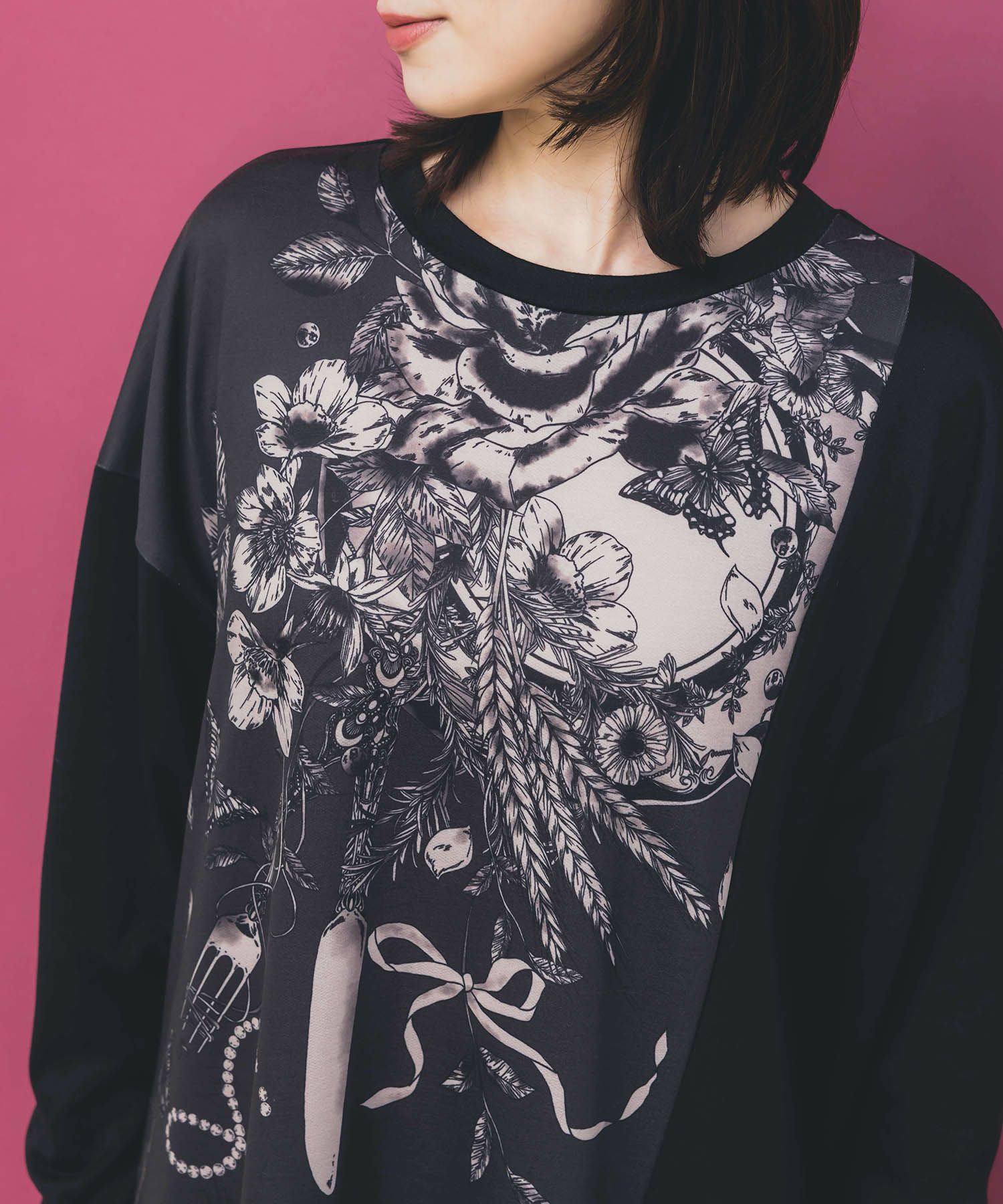 花柄×無地バイカラー裏毛ワンピース-6