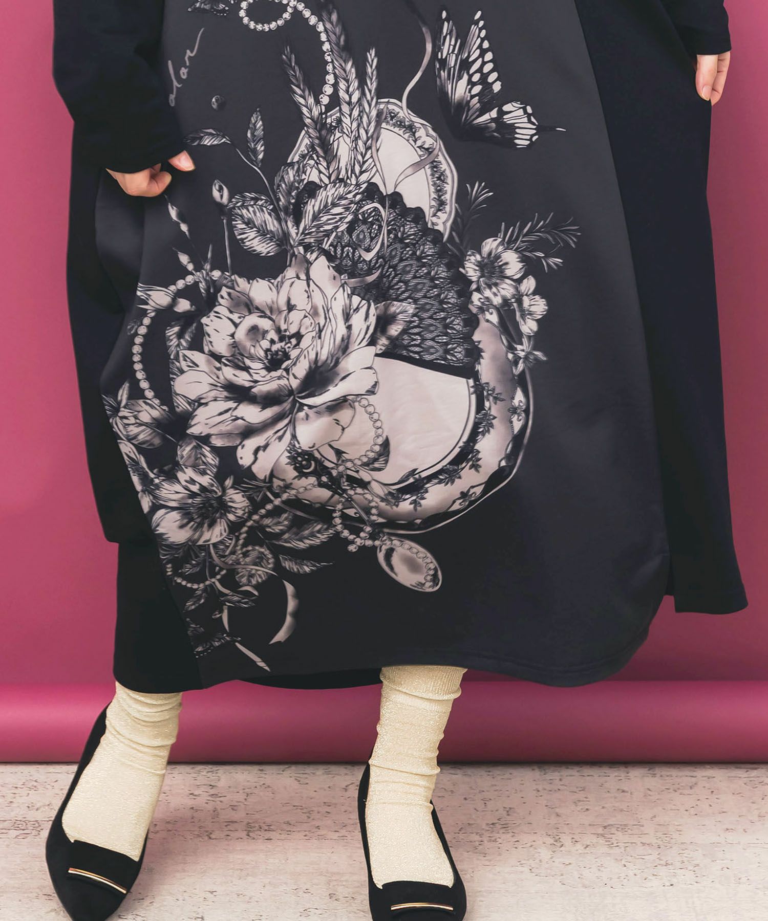 花柄×無地バイカラー裏毛ワンピース-7