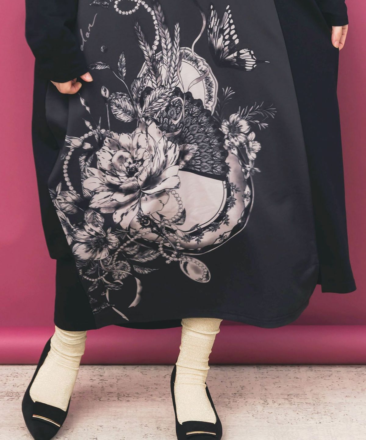 花柄×無地バイカラー裏毛ワンピース-7