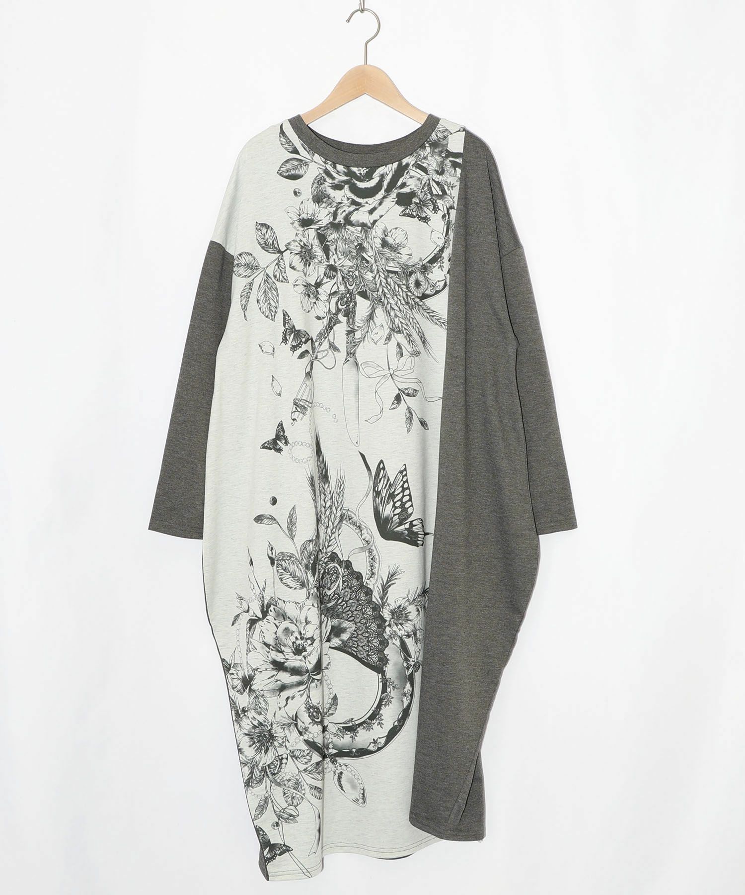 花柄×無地バイカラー裏毛ワンピース-8