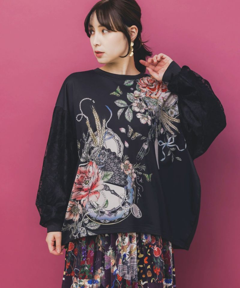 花蝶裏毛×レース切替プルオーバー-1