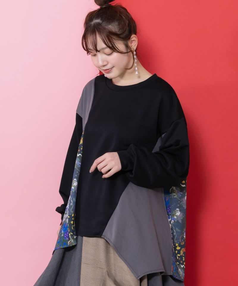 花蝶柄×無地リメイク風 異素材切替プルオーバー-1