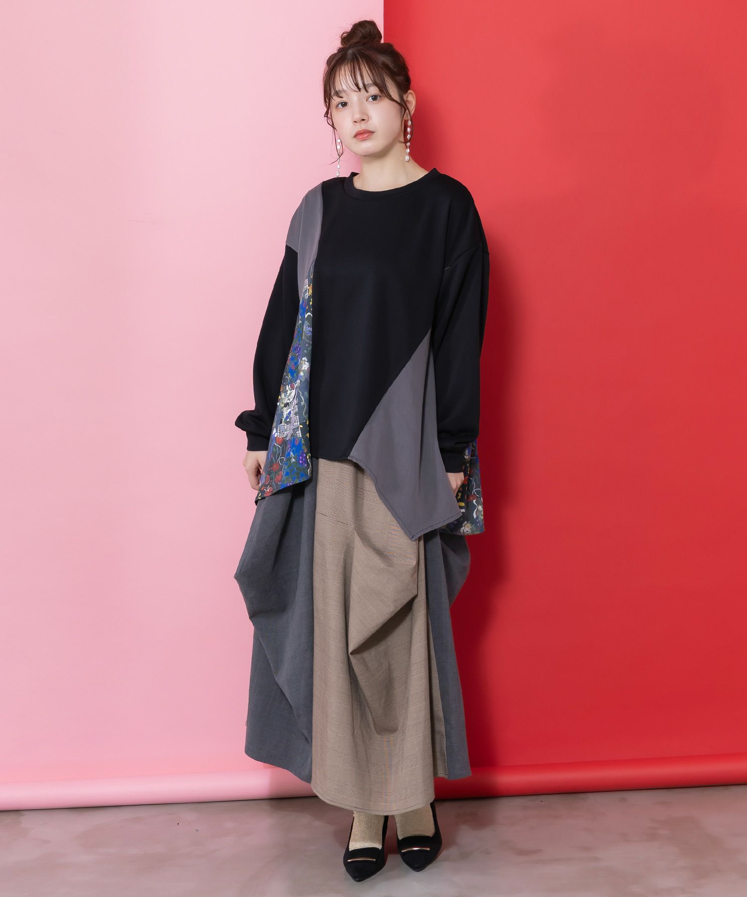 553265：花蝶柄×無地リメイク風 異素材切替プルオーバーの通販-ScoLar