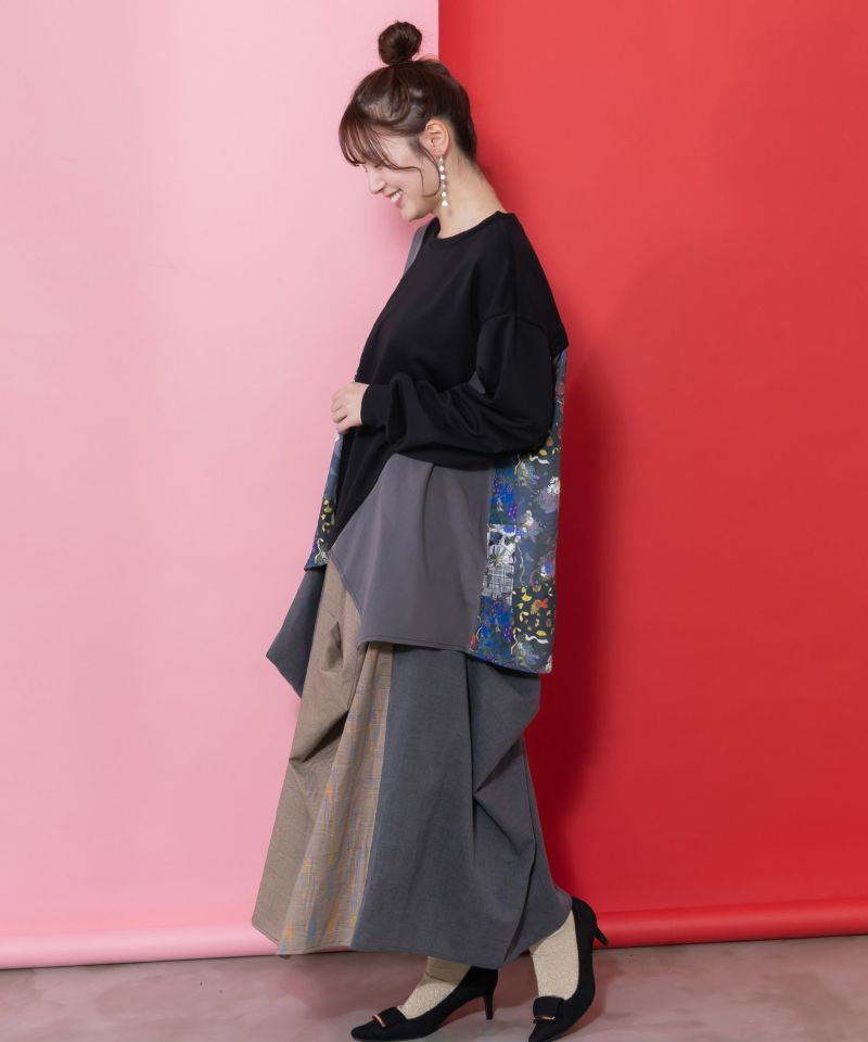 花蝶柄×無地リメイク風 異素材切替プルオーバー-4