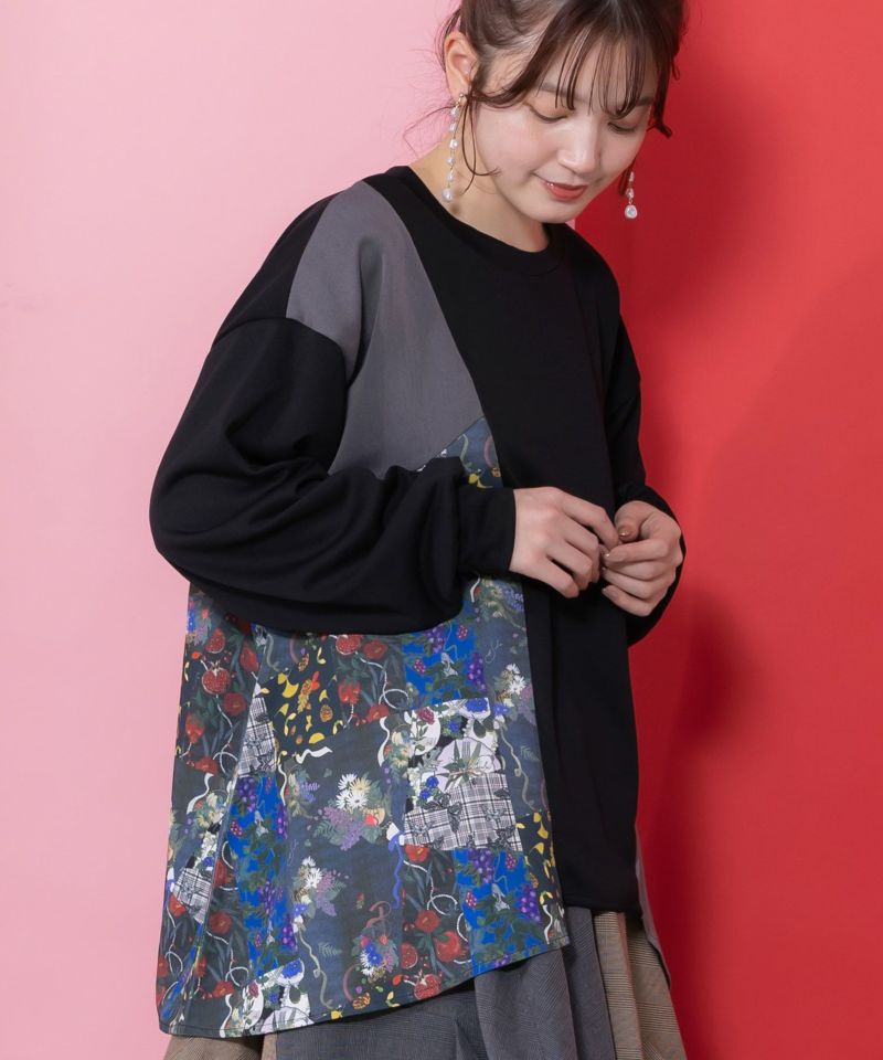 花蝶柄×無地リメイク風 異素材切替プルオーバー-5