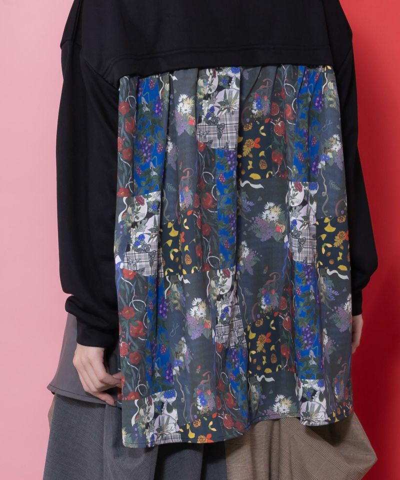 花蝶柄×無地リメイク風 異素材切替プルオーバー-7