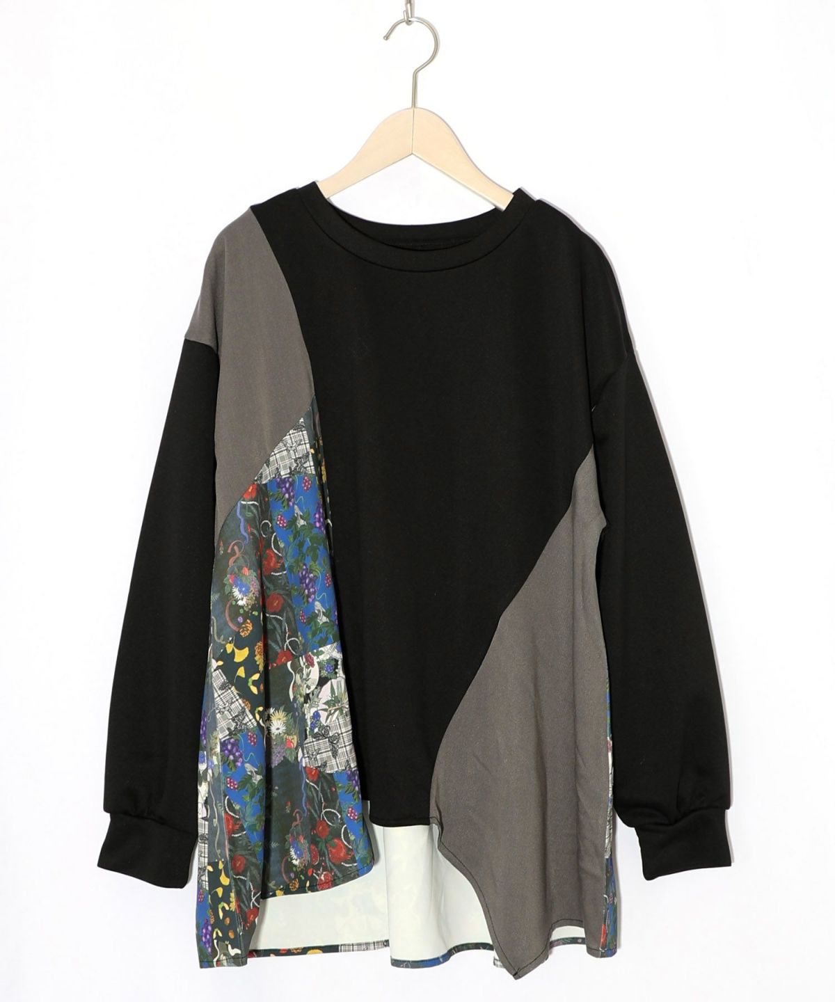 花蝶柄×無地リメイク風 異素材切替プルオーバー-8