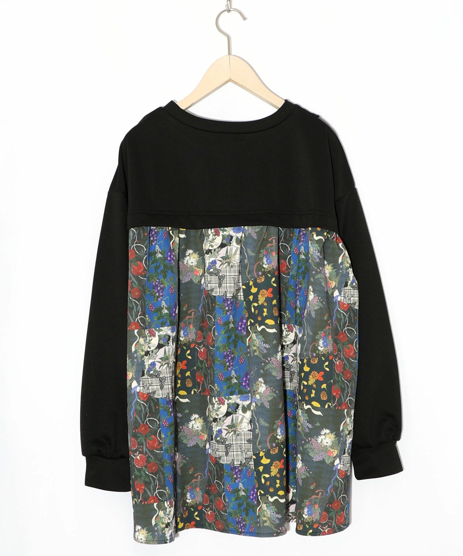 花蝶柄×無地リメイク風 異素材切替プルオーバー-9