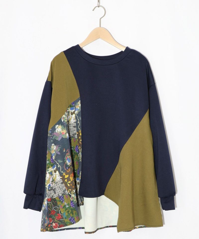 花蝶柄×無地リメイク風 異素材切替プルオーバー-11